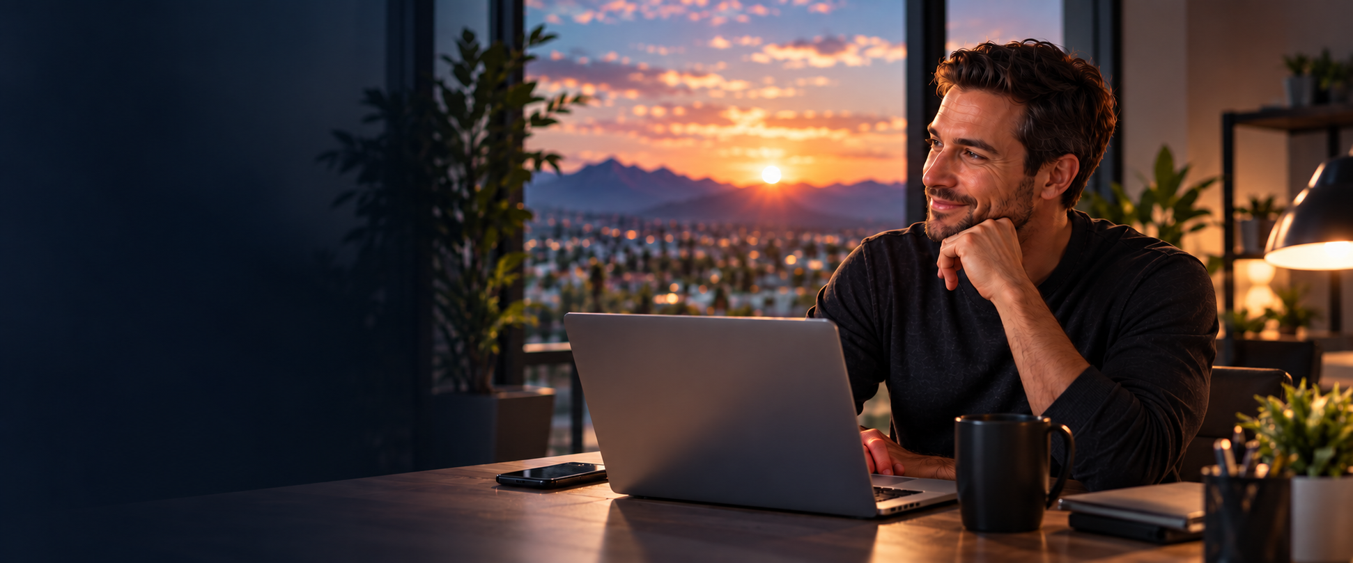 Sunset city view from a home office desk
