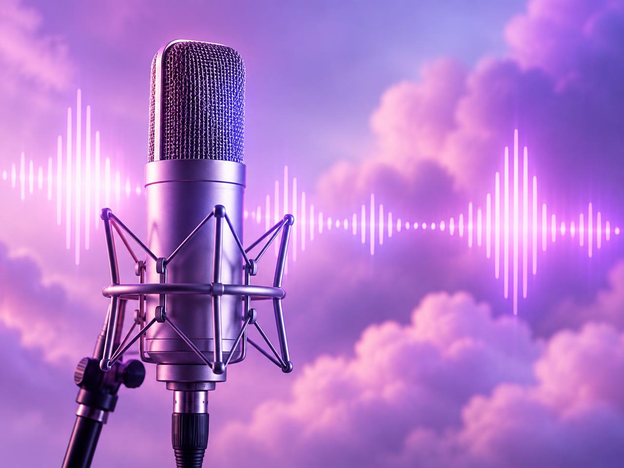 Studio microphone with glowing audio waveform